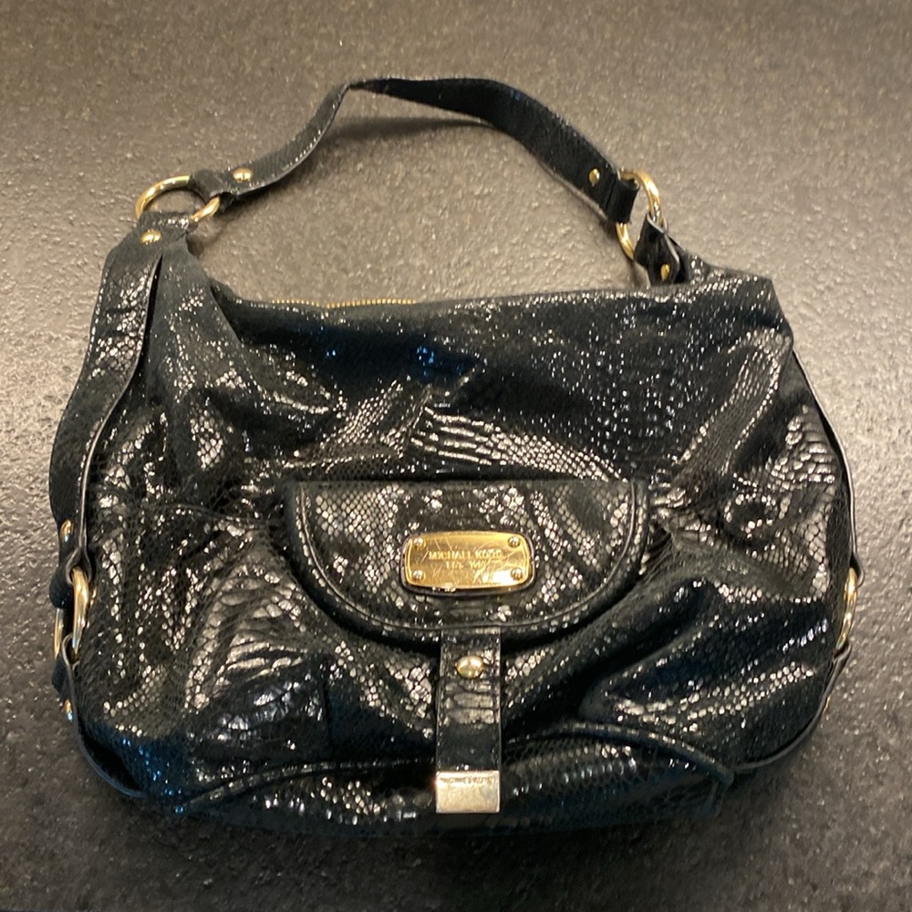 Michael Micheal Kors Black Snakeskin Print Leather Chain Hand Shoulder Bag